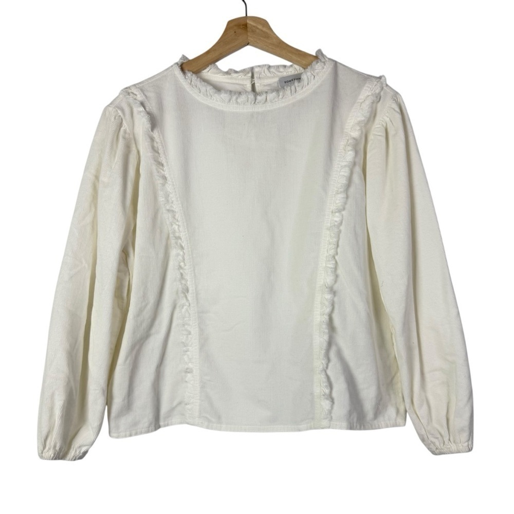 Something Navy White Raw Edge Corduroy Long Sleeve Blouse XS